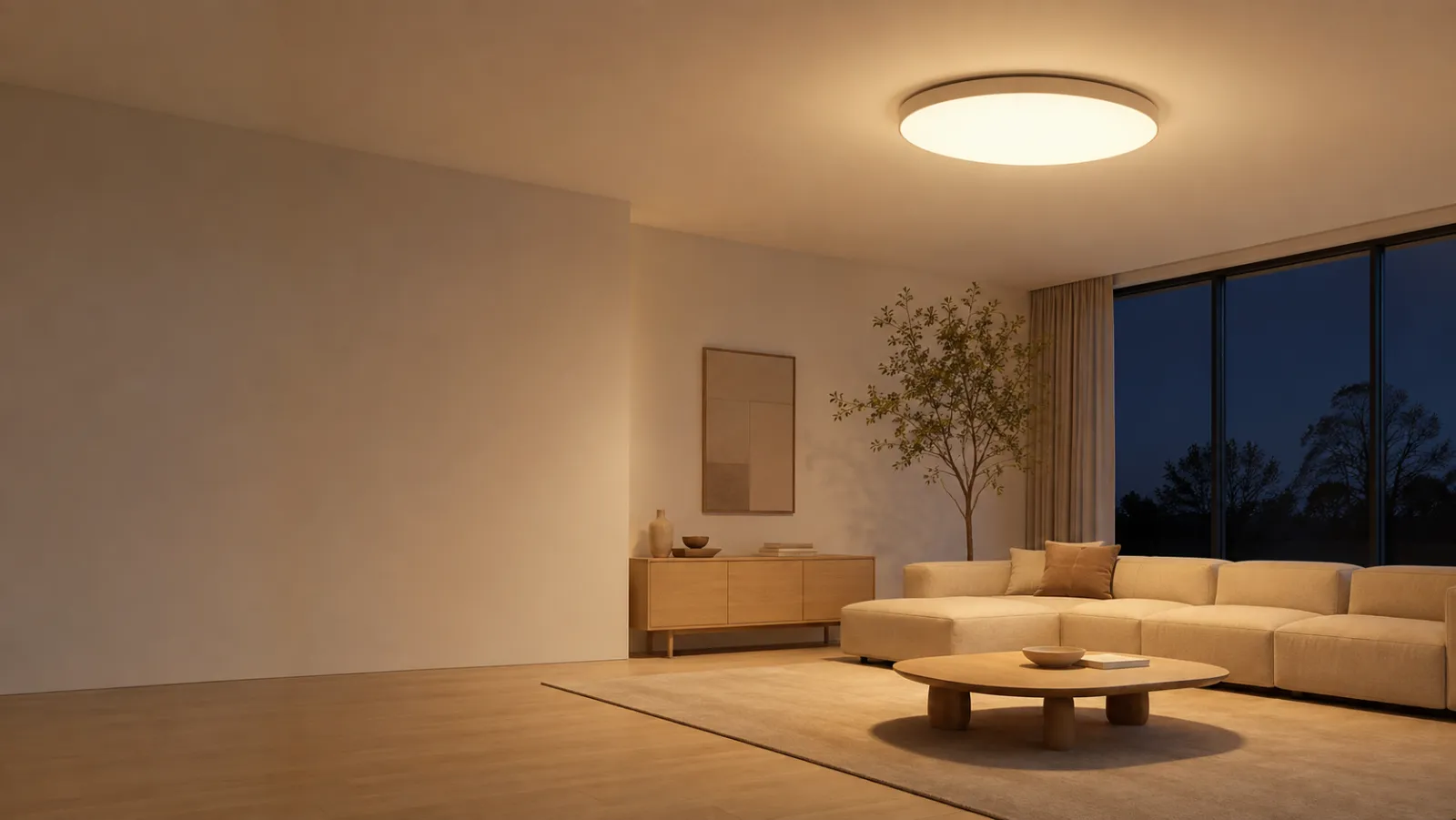 The same space at night, the ceiling light on
