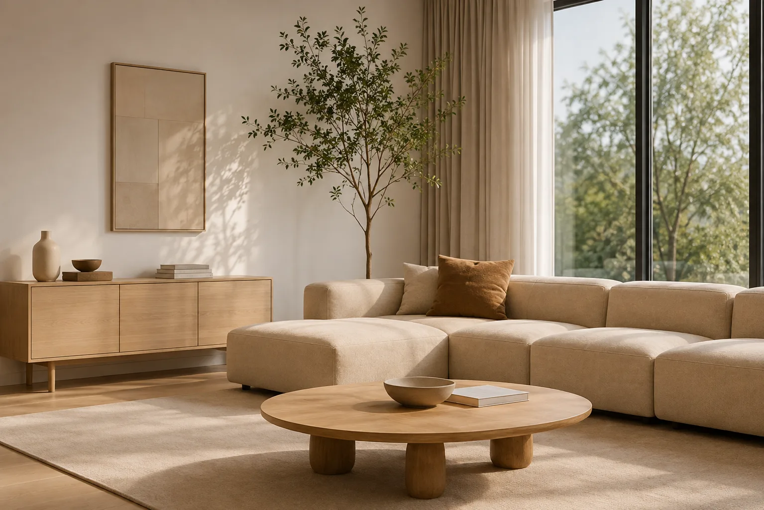 A daylit living room with a sideboard, sofa and full-height window